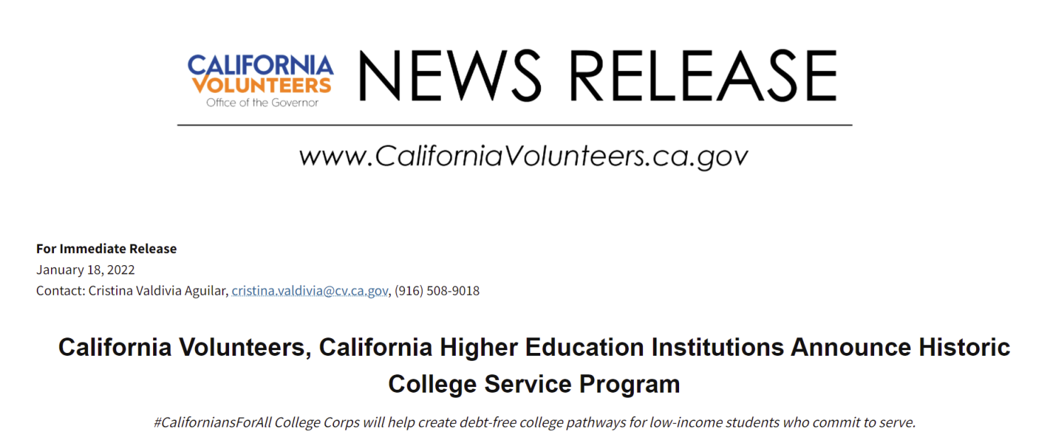 California Volunteers Selects Fresno City College For State Funded