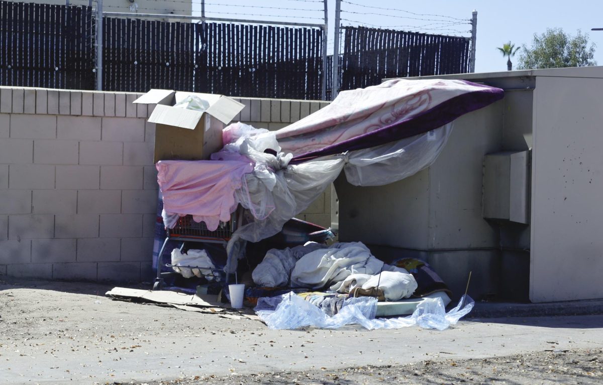 An unhoused person's camp behind the Foodmaxx on Balch and Clovis Avenue on Sept. 13.