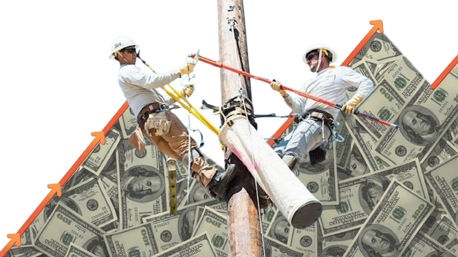 PG&E linemen work on a telephone pole in front of bundles of cash. compiled on Sept. 26. Composite by Logan Payne.