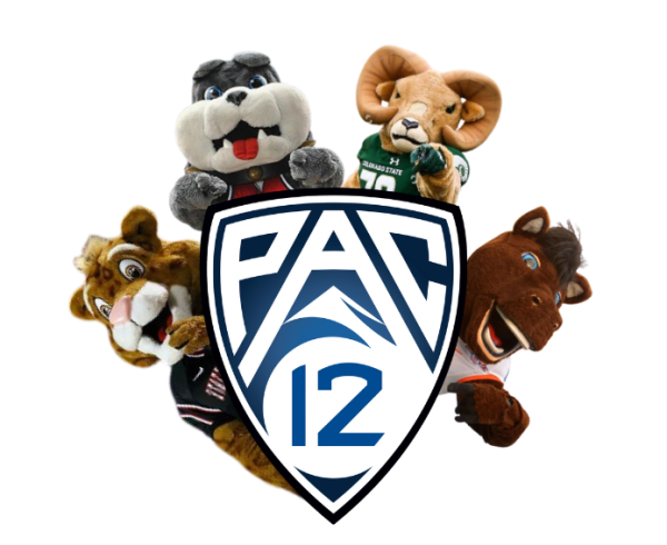 The Fresno State Bulldog, the Colorado State Ram, the Boise State Bronco and the San Diego State Jaguar surrounding the Pac-12 logo. Composite by Logan Payne. 