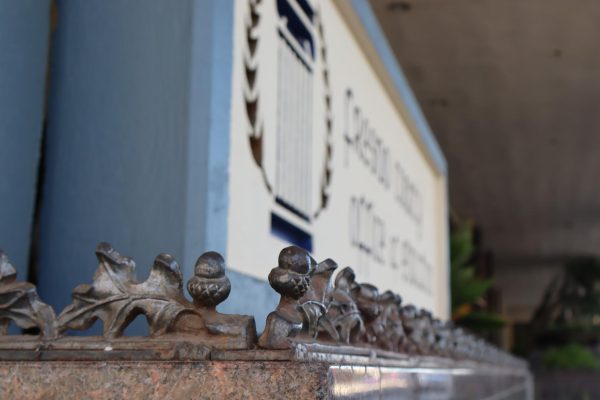 Decorative iron railing surrounds the planters outside the Fresno County Office of Education on Sept. 12