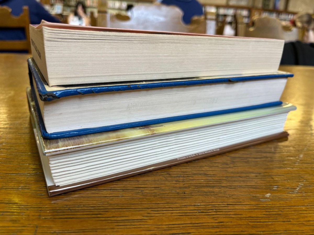 A stack of books from the Fresno City College Library on Sept. 16.