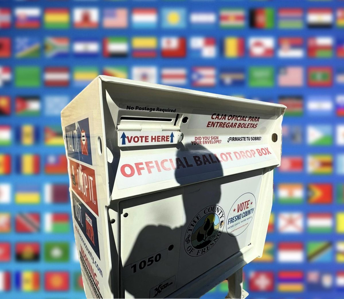 A composite of michael lin in front of a
ballot box located in the Tower District on
oct.23.