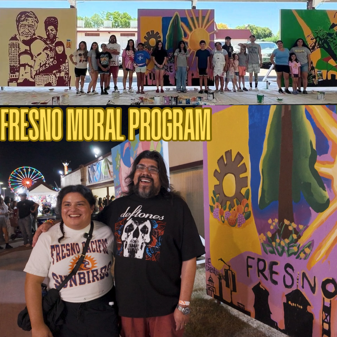 (left to right) Naomi Marie, Jason Esquivel and Fresno students collaborate with the Fresno Fair to paint ten murals for the fair. Photo taken on Oct. 11. Composite by Michael Lin. Other photograph by Jason Esquivel.