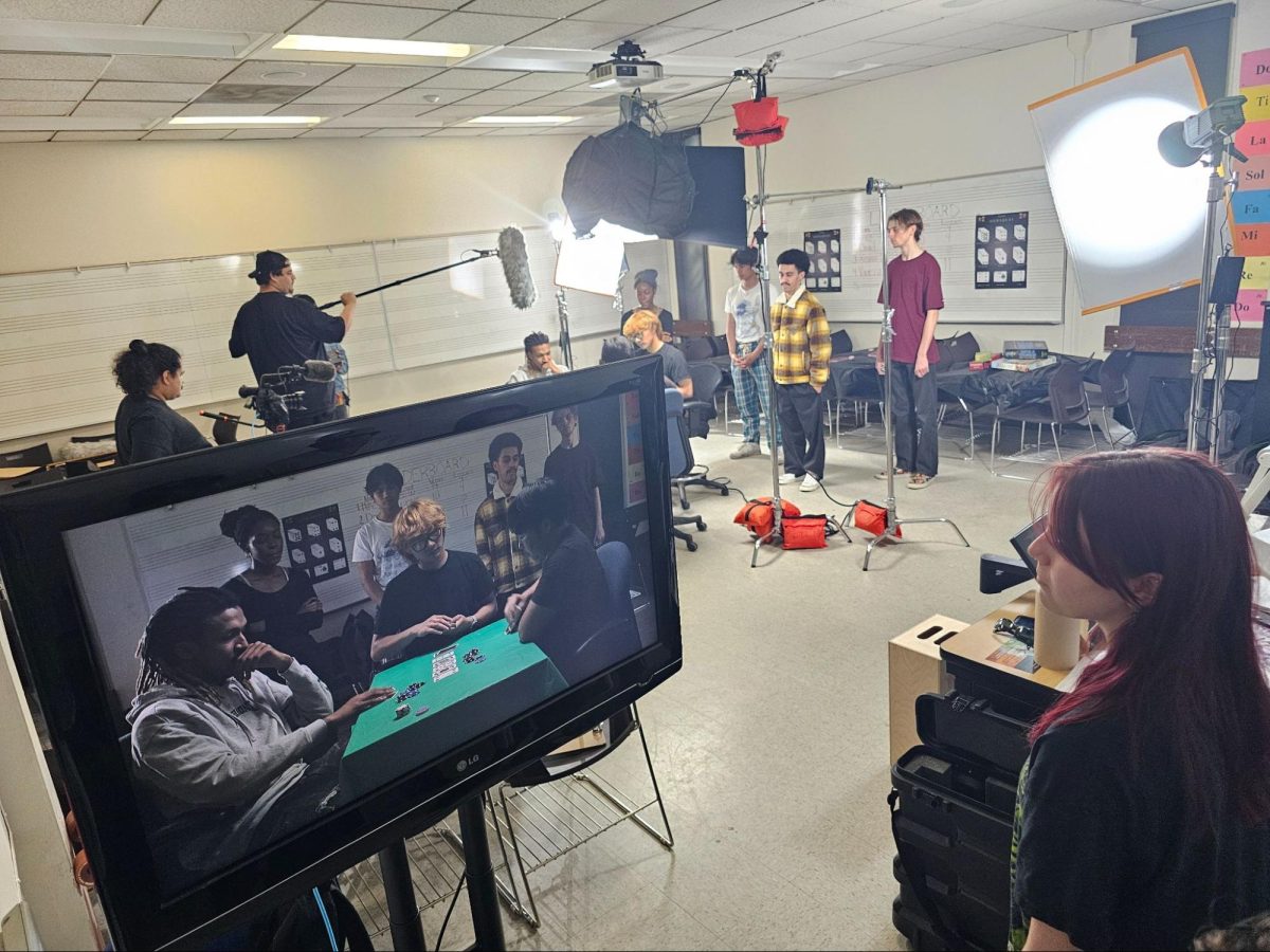 Film-5A students shoot a scene from a short film they wrote in April 2024.