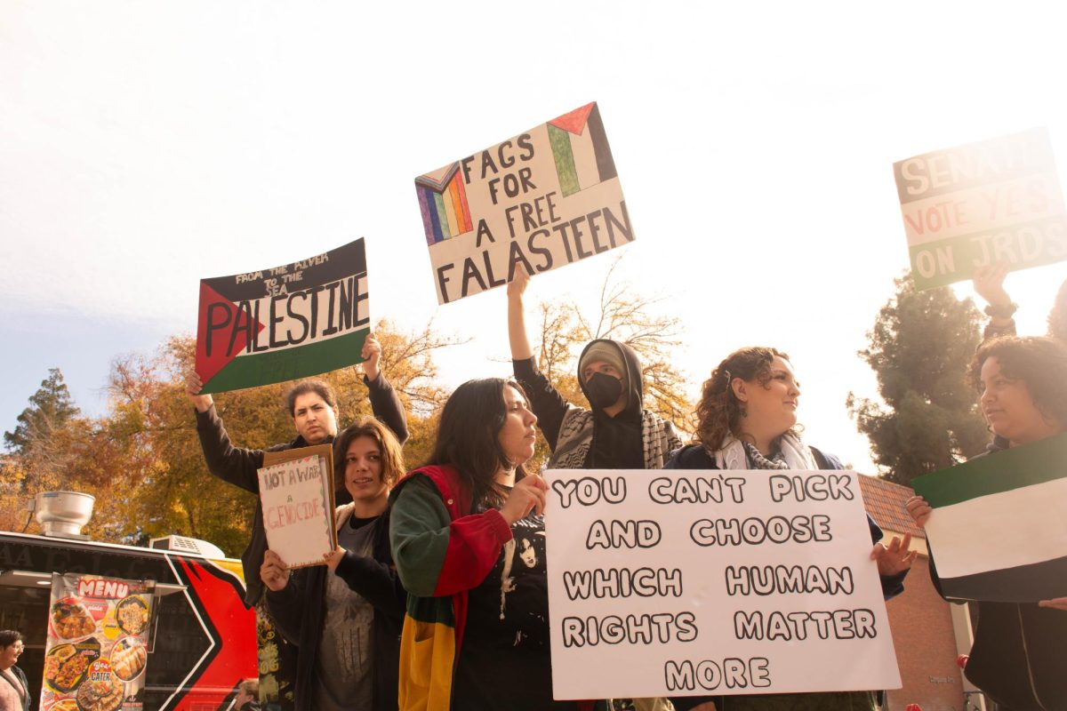 A group of protestors gathered around the large fountain at University Mall on Fresno City College Campus on Nov. 19.