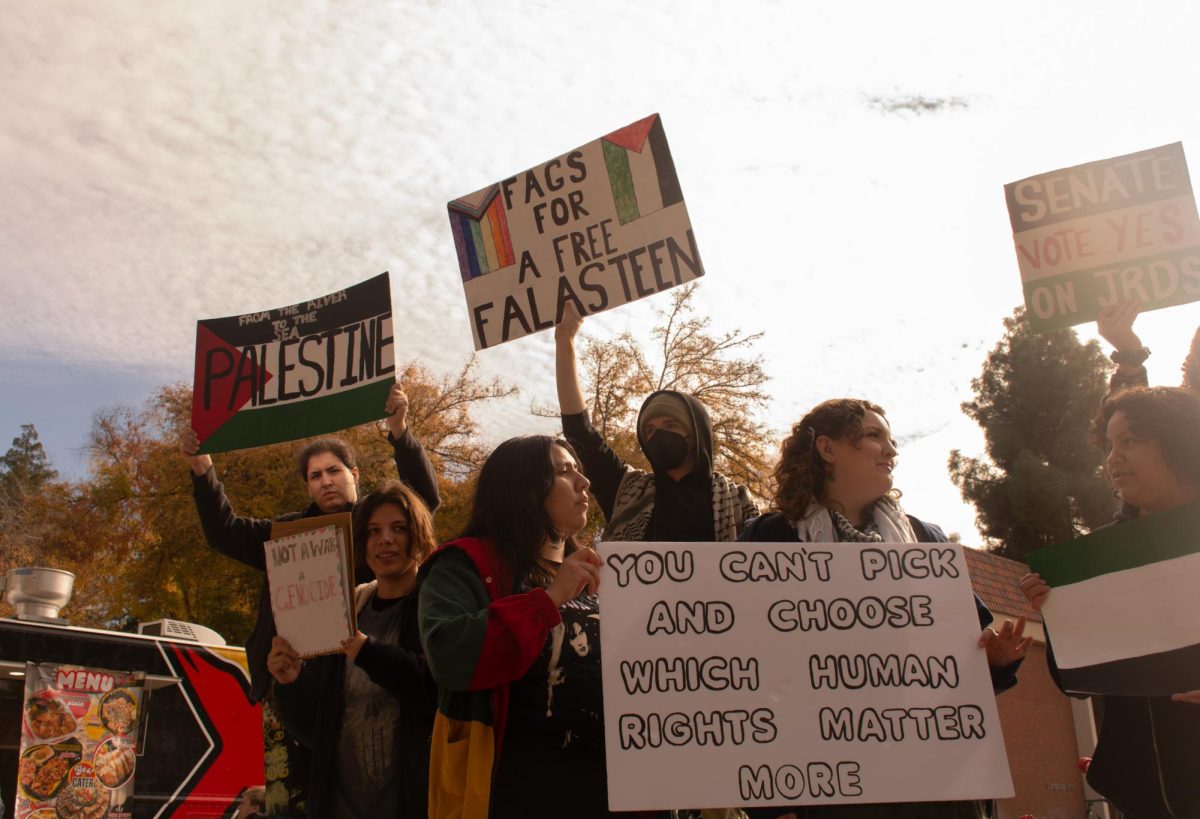 A group of pro-Palestine protestors gathered around the large fountain at Fresno City College's University Mall on Nov. 19.