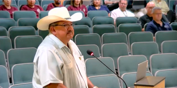 Mayor for the City of Madera, Santos Garcia, speaks in support of Competency-Based Education and Madera Community College President, Angel Reyna, during the State Center Community College District board meeting on Oct. 1.