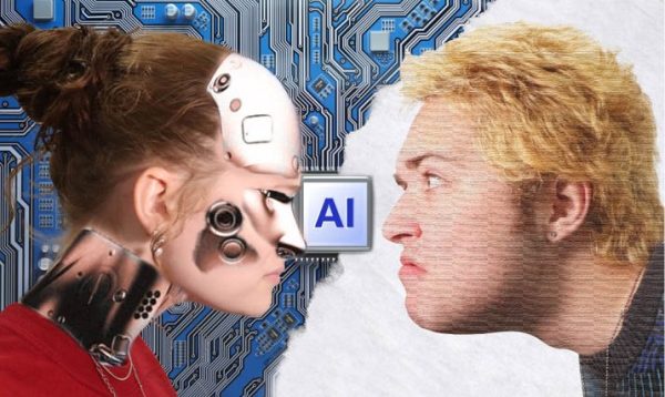 An edited photo composite depicting Christianna Schiotis and Logan Payne as opposing sides of the AI Debate. Photo by Michael Lin. Composite by Christianna Schiotis.