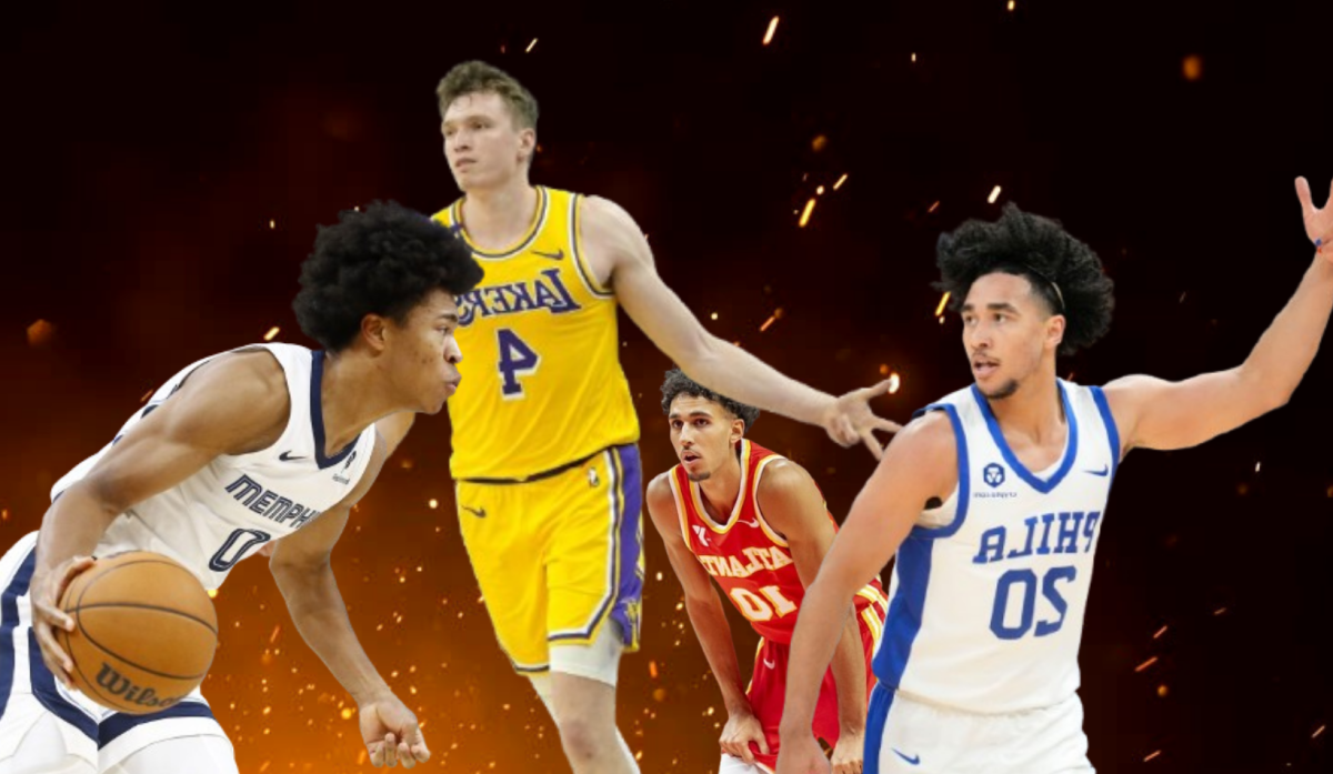 A photo composite of (left to right) Jaylen Wells, Dalton Knecht, Zaccharie Risacher and Jared McCain playing together as sparks fly in the background. Composite by Logan Payne. 