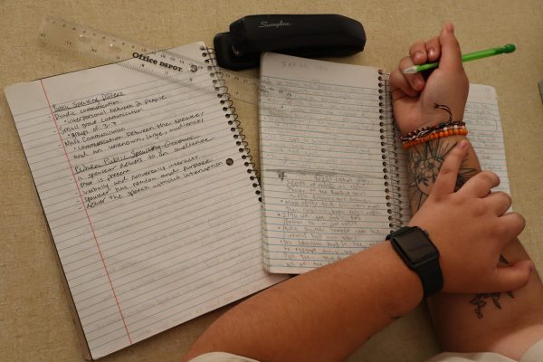 Sarah Hernandez poses with her schoolwork, covering
her tattoos on Nov. 20. 