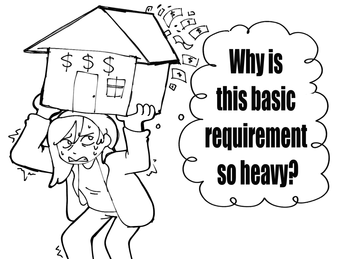 Drawing of a person holding a heavy house representing high rental costs. Drawing by Apollo Soto.