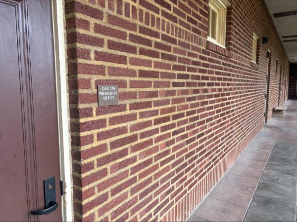 Outside the president’s office in the old administration building on Feb. 20, where in April a new permanent president will take office.