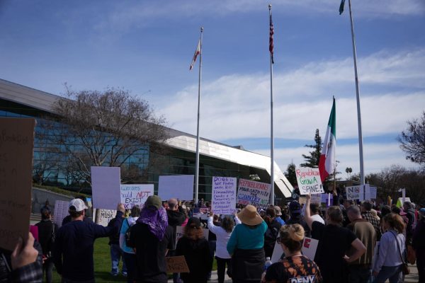 A crowd gathers around at Fresno City Hall for the No Kings Day march organized alongside the 50501 movement against President Donald Trump’s administration on Feb. 17, 2025. 