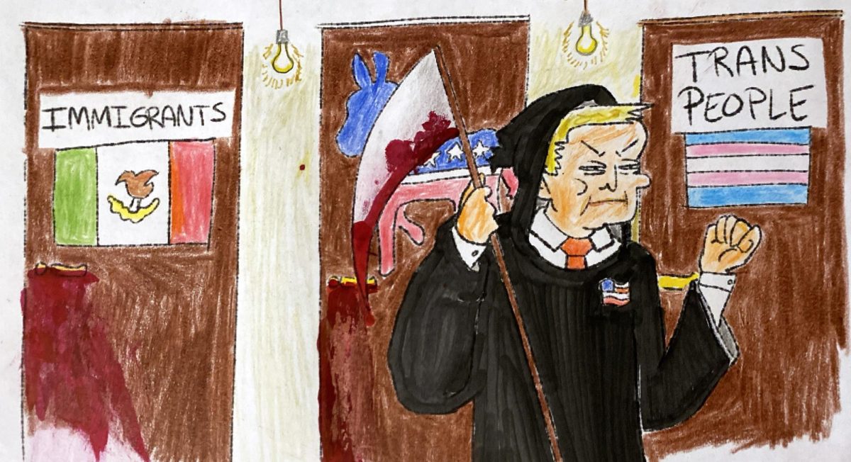 President Donald Trump, dressed as the Grim Reaper complete with a bloody scythe, knocks on a door labeled “Trans People.” Illustration by Apollo Soto. Coloring by Logan Payne.

