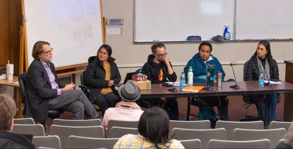 (R to L) Lupita Garcia, Rigoberto Garcia, Matt Matera and Blanca Ojeda listen to Paul Gilmore (Far L) as he answers a question from the audience regarding the importance of democracy on March 13, 2025. The panelists answered a handful of questions after this before closing out the discussion.
